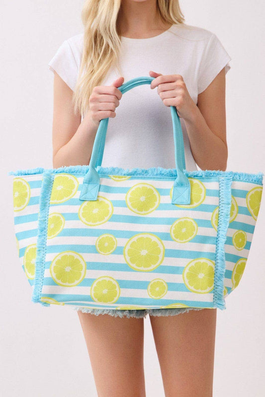 MB0332 Lemon Stripe Fringe Beach Tote Bag