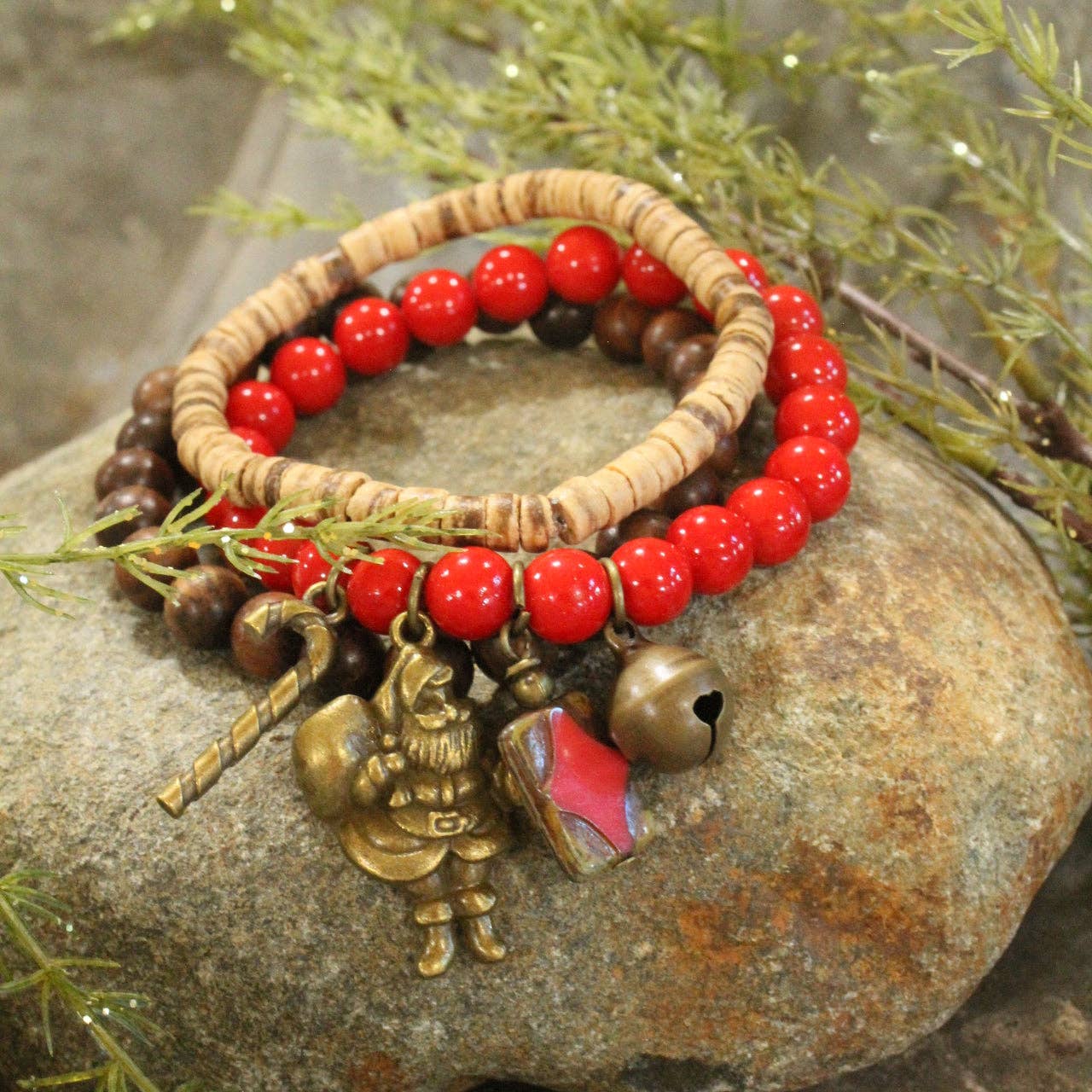 Czech Stone & Bronze Santa Stretch Bracelet Set