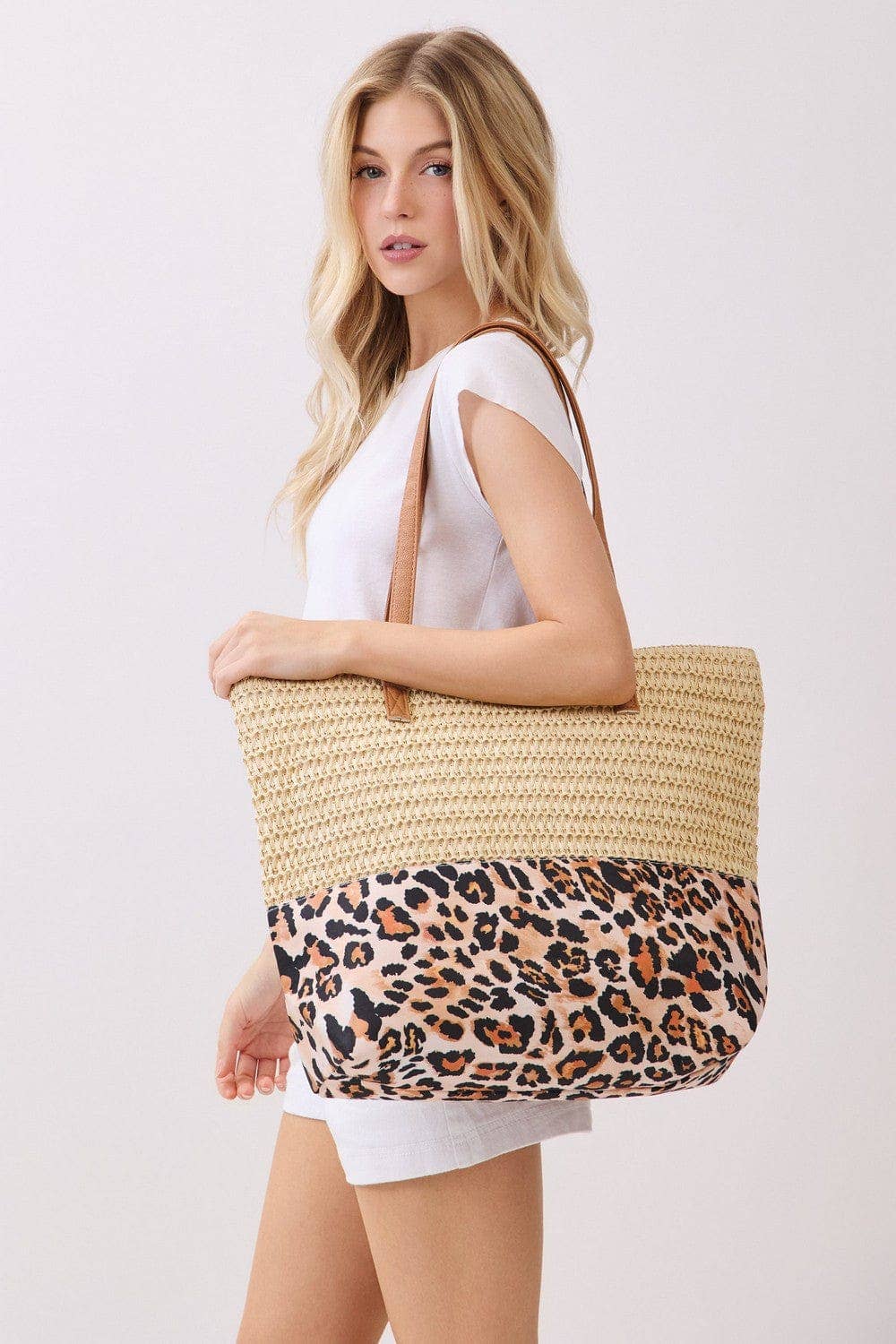 MB0352 Leopard Print Straw Tote Bag