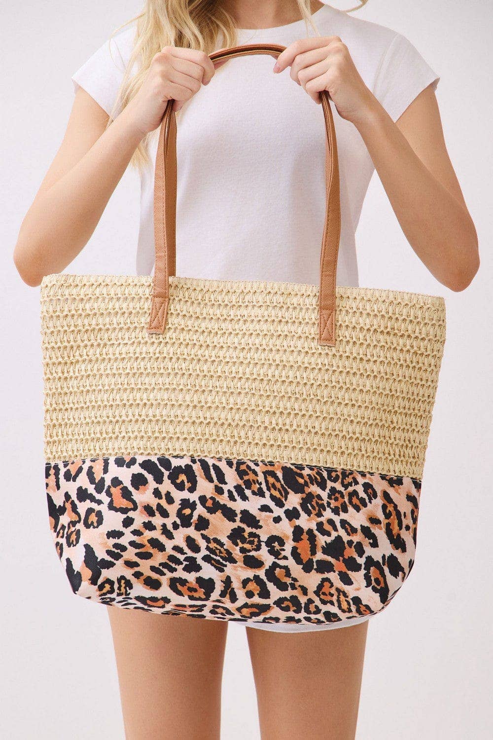 MB0352 Leopard Print Straw Tote Bag