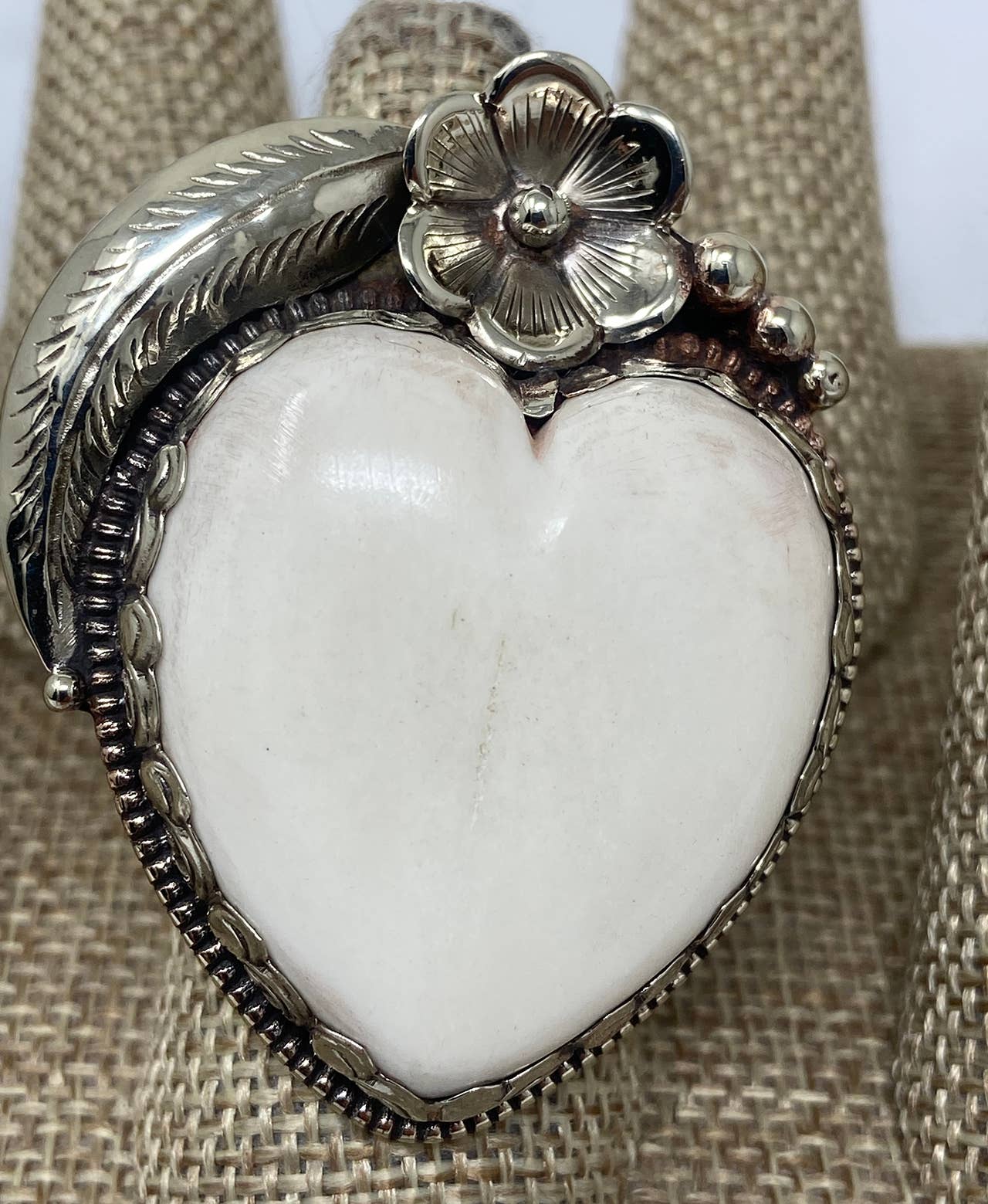 Bone  Heart flower and feather Ring