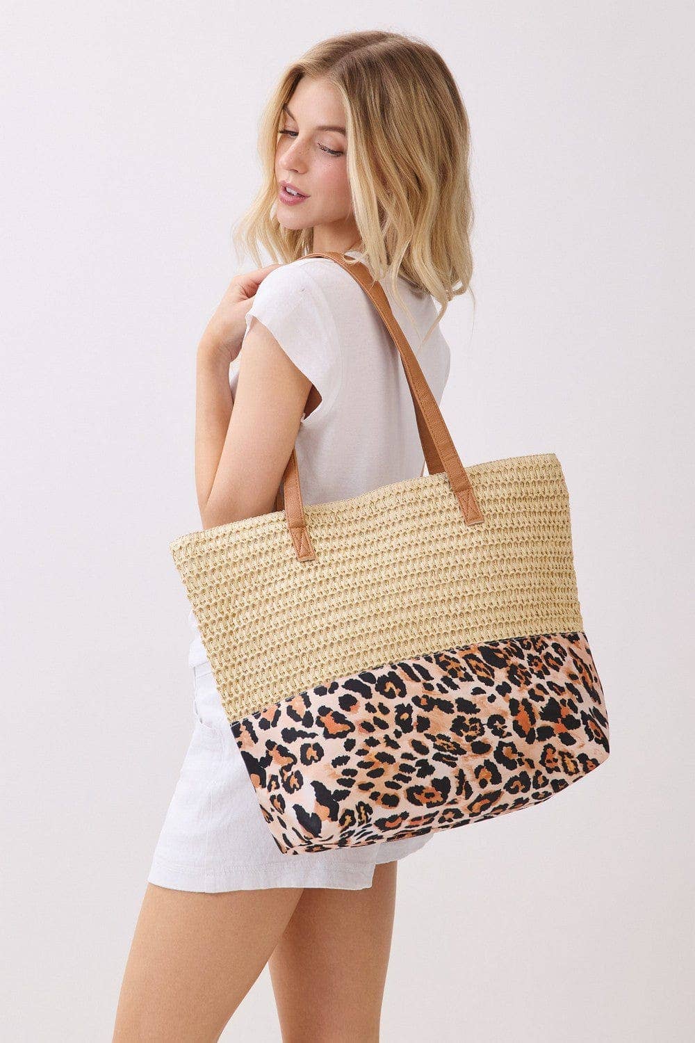 MB0352 Leopard Print Straw Tote Bag